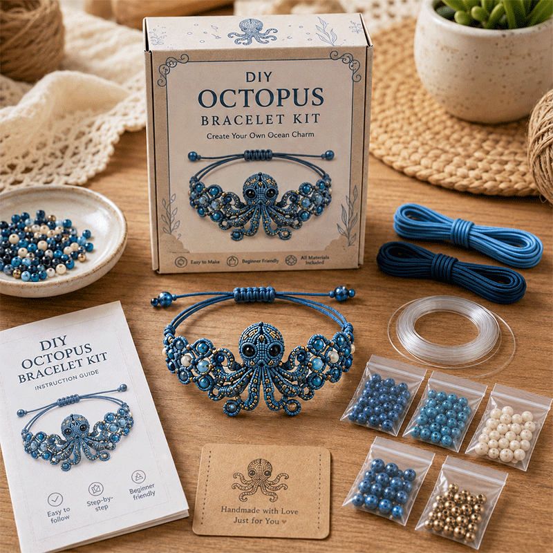 DIY octopus bracelet kit arranged on a wooden surface with its box, bracelet, instruction card, cords, beads, and small accessory bags. The product presentation includes the kit contents and packaging, with no person or real environment beyond styled props.