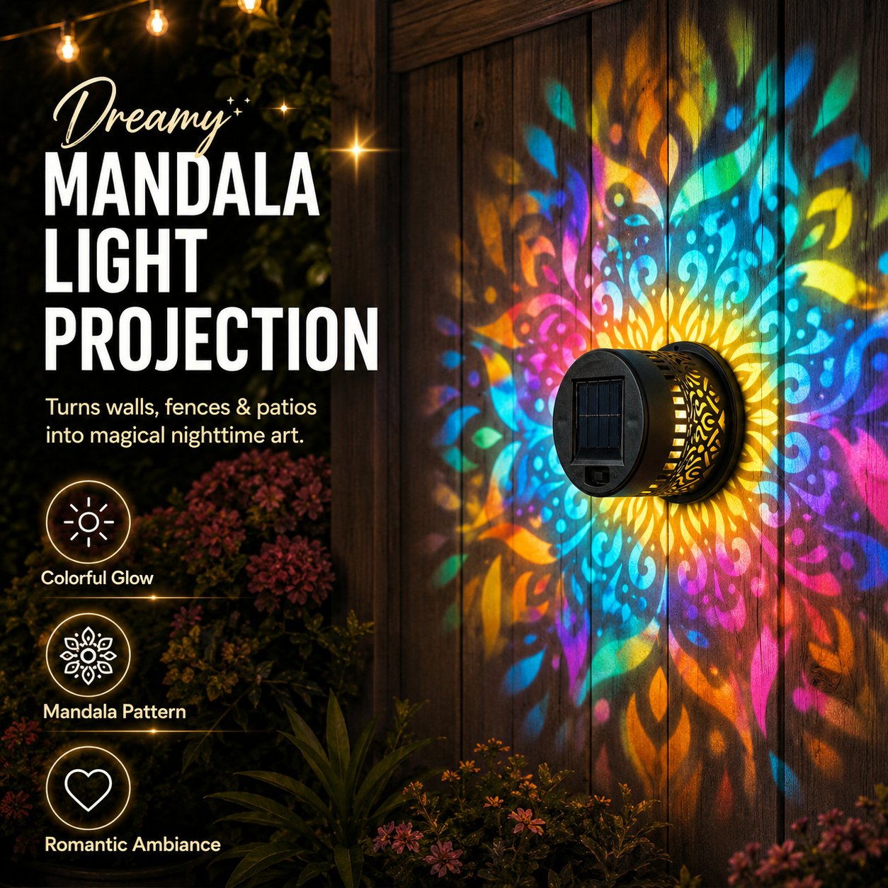 🌸Solar Mandala Wall Light Outdoor Garden Fence Projector Lamp Patio Ambient Decor