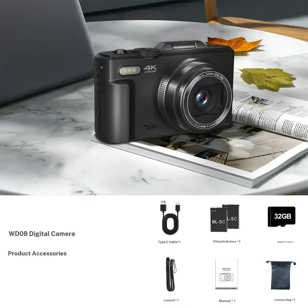 WIKICO WD08 4K Digital Camera, 64MP Vlogging Camera with 180° Flip Screen, 18X Digital Zoom, Compact Point and Shoot Camera, Portable Mini Camera for Teens, Beginners, Gift, 4 Colors Black/White/Green/Brown