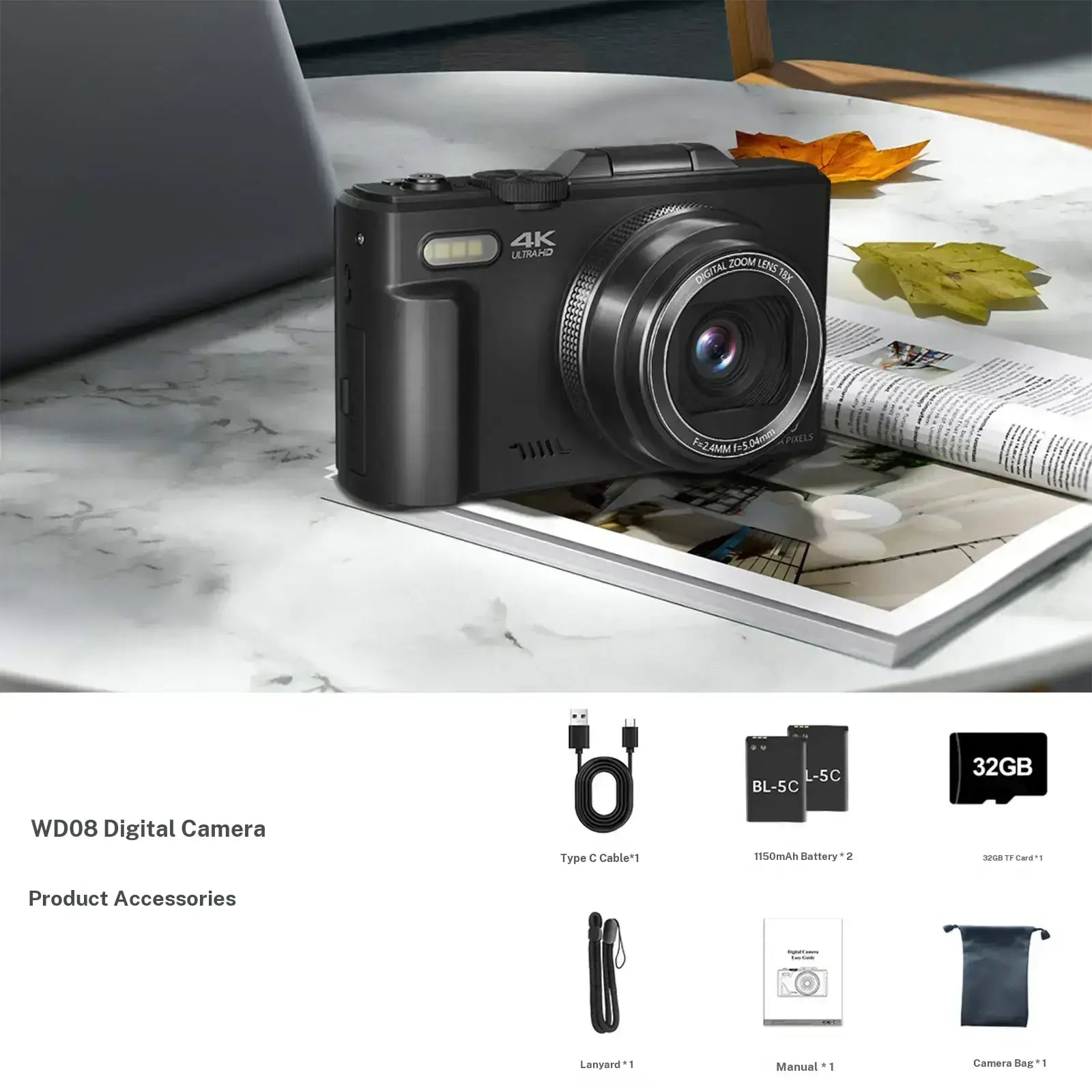 WIKICO WD08 4K Digital Camera, 64MP Vlogging Camera with 180° Flip Screen, 18X Digital Zoom, Compact Point and Shoot Camera, Portable Mini Camera for Teens, Beginners, Gift, 4 Colors Black/White/Green/Brown