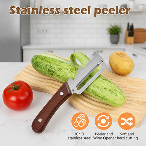 ❤️‍🔥Wooden-Handled Stainless Steel Sharp Peeler with Built-In Bottle Opener