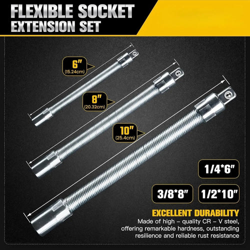 2026 Hot Sale💖1/2 Inch 35cm Socket Ratchet Wrench Set - 3 Bendable Shafts, Wrench Extender Tool, Connecting Rod