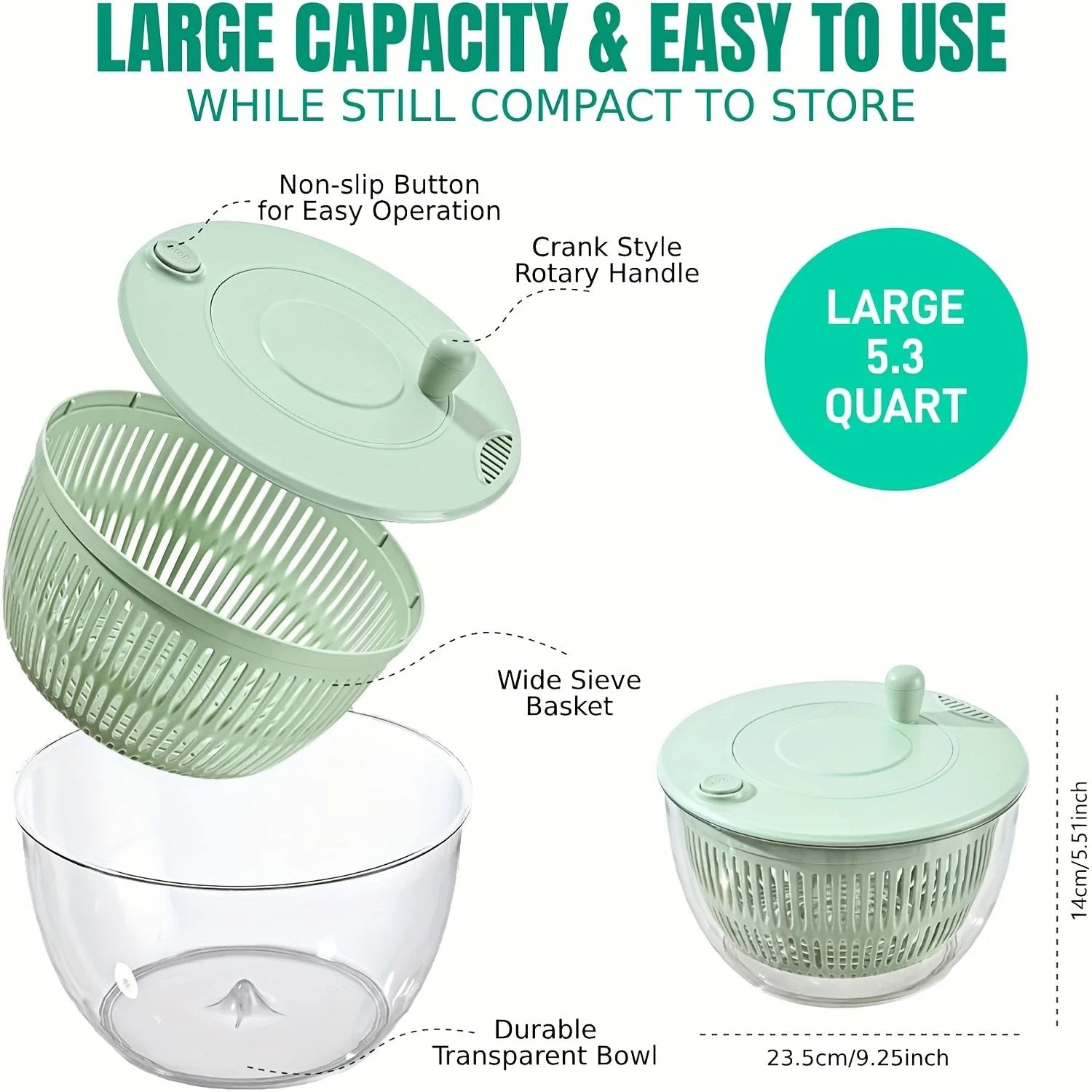 Salad Spinner Large, 3 IN 1 Vegetable and Fruit Washing Bowl with Strainer