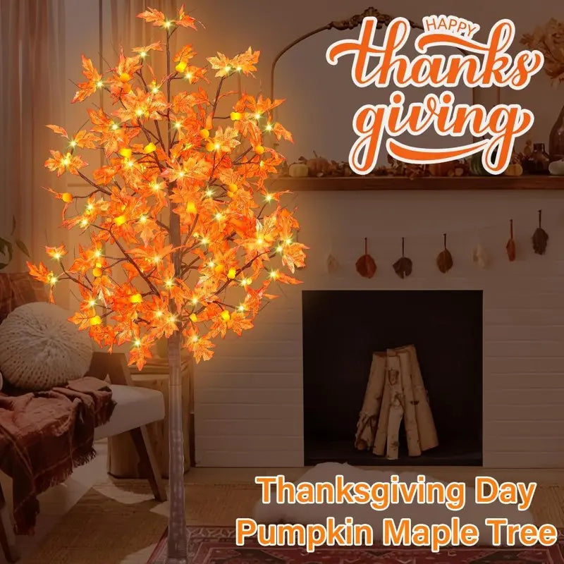 6FT LED Artificial Maple Tree, 160 Warm White Lights Fall Decor Tree with Orange Leaves, Knock-Down Lighted Maple Tree for Thanksgiving Halloween Indoor Outdoor Autumn Home Decor
