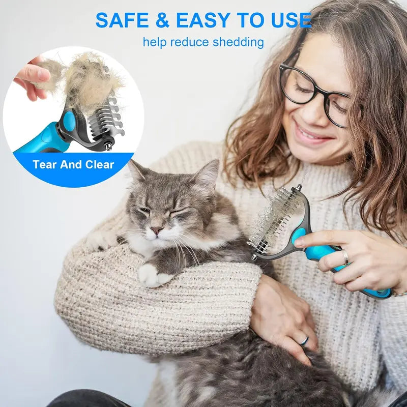 🐾Double-Sided Pet Grooming Brush – Hurtless Shedding & Dematting Undercoat Rake for Dogs and Cats