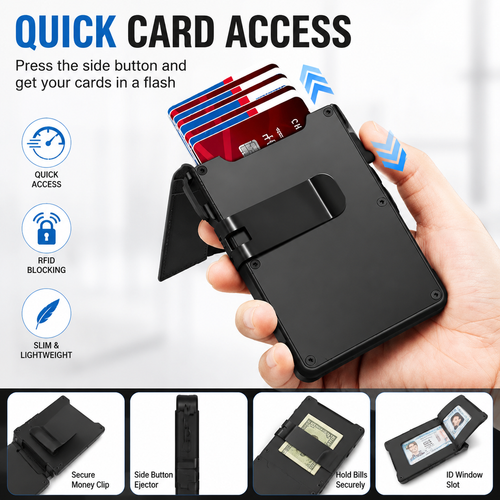 🔥2026 New Wallet for Men - Pop Up Case, Cash Slot, and Credit Card Slot - Aluminum Wallet with RFID Blocking, Minimalist Leather Wallet Front Pocket with ID Window