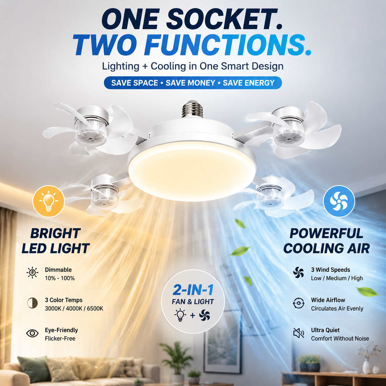 💡2026 New E27 Socket Ceiling Fan Light - 2-in-1 Silent LED Fan with Remote Control, Energy-Saving Cooling & Lighting Combo for Home Bedroom