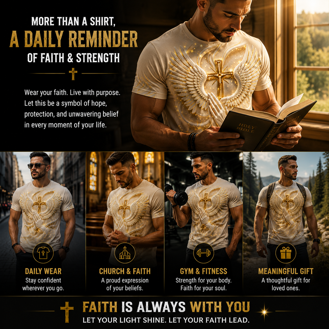 ✝️ Angel Wings Prayer Cross T-Shirt – Faith Inspired 3D Spiritual Graphic Tee for Men