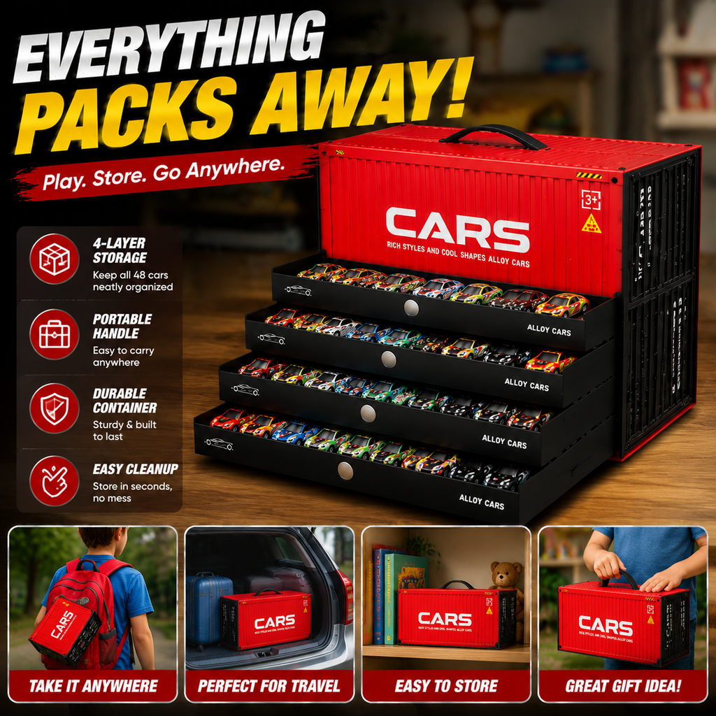 🚨⏳ Last Day 50% OFF! 🚗 48PCS Pull-Back Alloy Racing Car Set | 4-Layer Garage Storage & Racing Track Play Mat 🎁