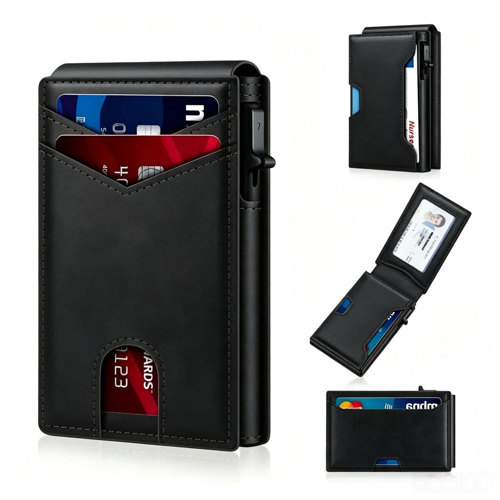 ✨Wallet for Men- Pop Up Case, Cash Slot, and Credit Card Slot - Aluminum Wallet with RFID Blocking, Minimalist Leather Wallet Front Pocket with ID Window