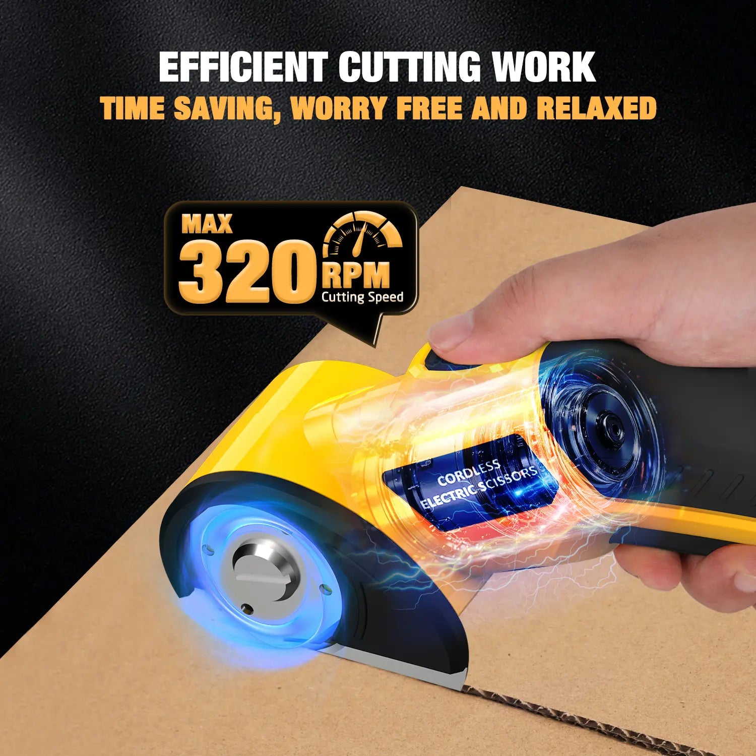 【MothersDayGift】Cordless Electric Scissors 4V – Rechargeable Heavy Duty Cutter with Safety Lock, LED Light, Long Battery Life & 2 Extra Blades | Easy-to-Use Wireless Shears for Cardboard, Packaging Yellow with Storage Bag