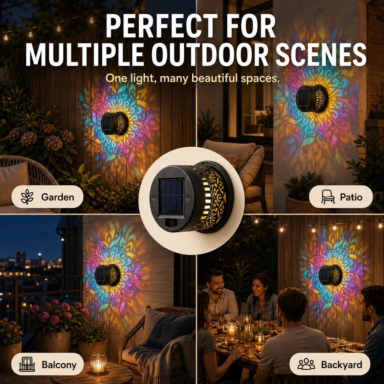 🌸Solar Mandala Wall Light Outdoor Garden Fence Projector Lamp Patio Ambient Decor