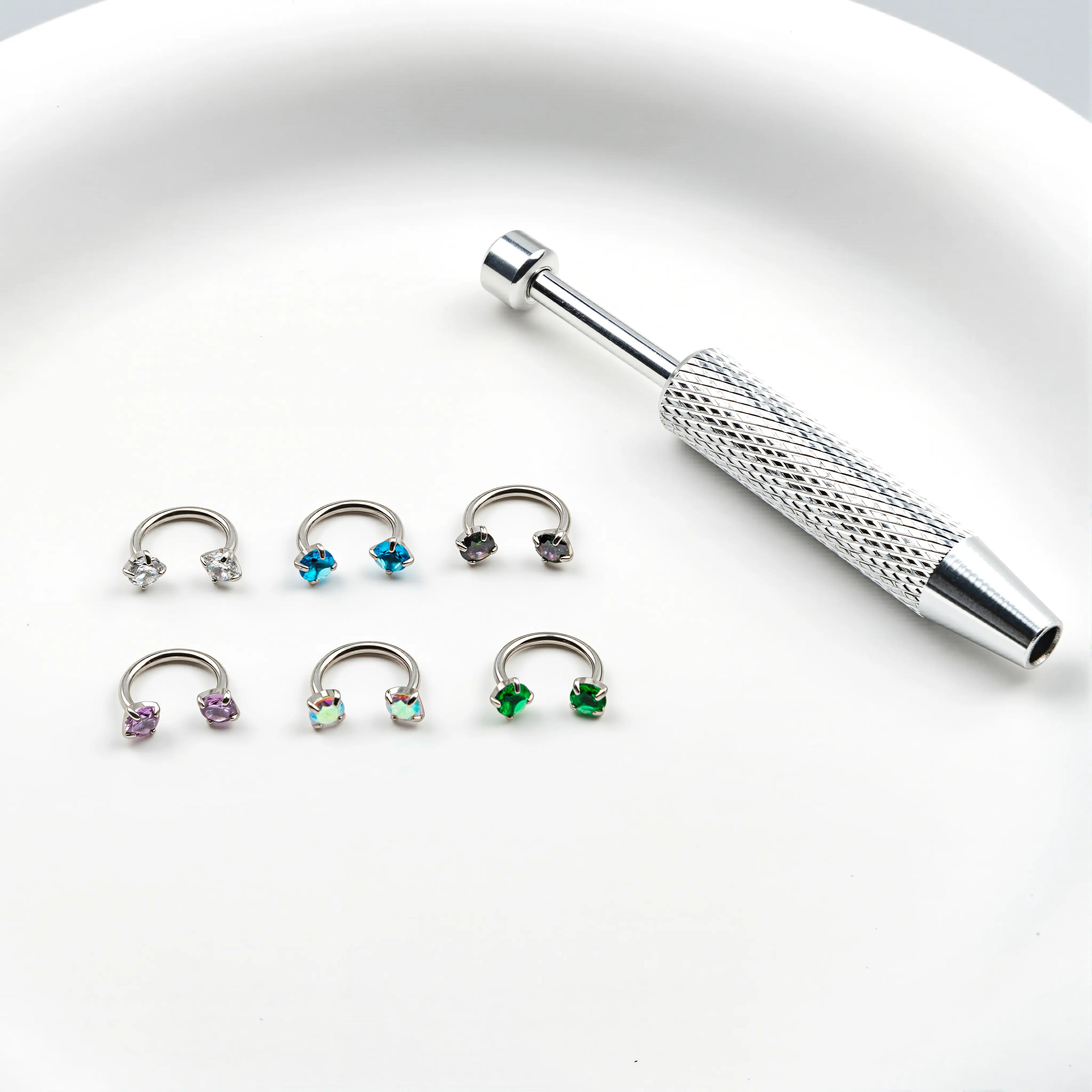 6pcs Value Pack 316L medical-grade titanium steel 18G 1.0mm Horseshoe Nose Hoop Internally Threaded Gems Nose Ring with Free Ball Holder & Guiding Needle