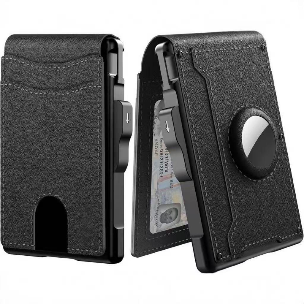 AirTag Wallet for Men - with Pop Up Aluminum Case Money Clip Slim Leather Slots Credit Card Holder RFID Blocking Bifold Minimalist Wallet