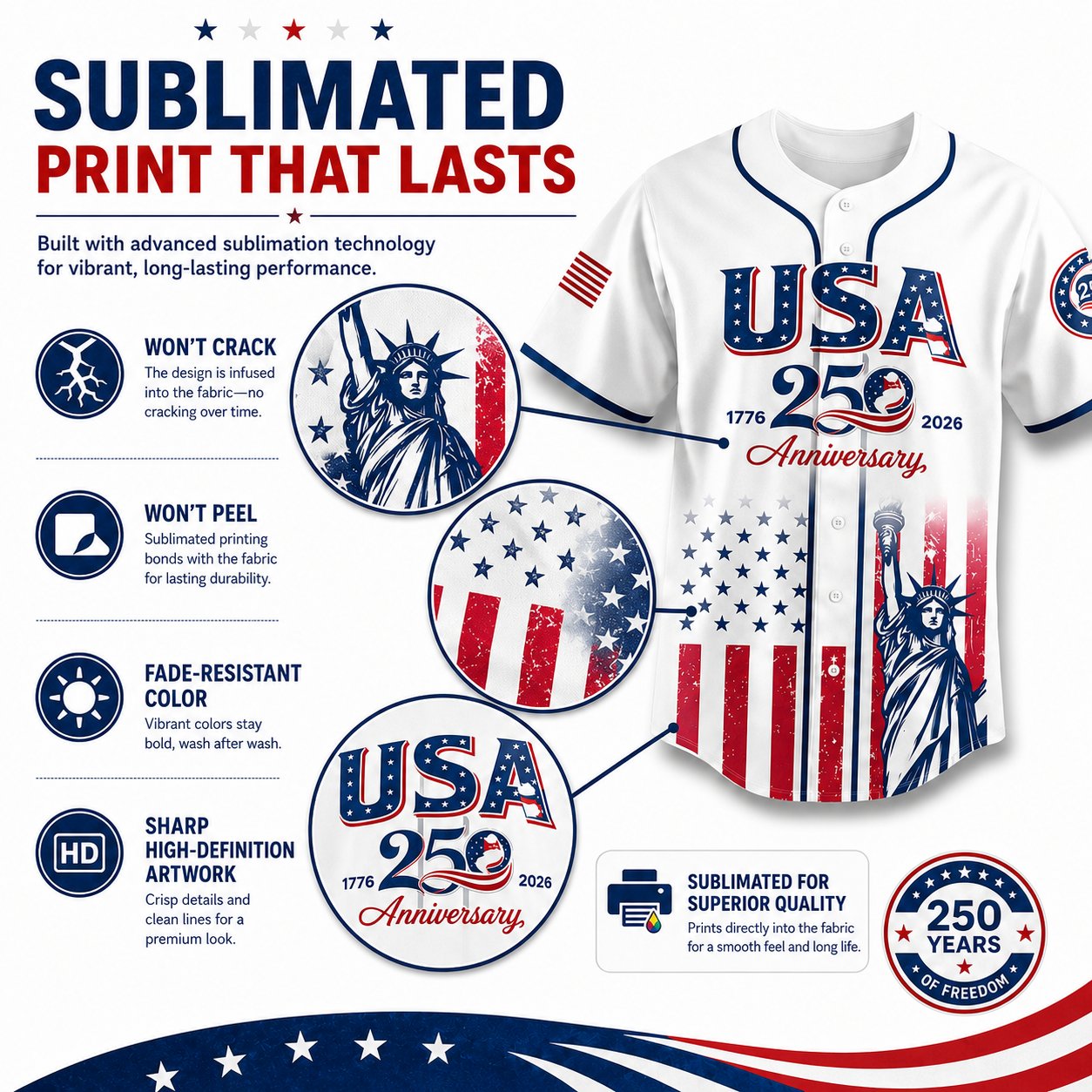 🗽 USA 250th Anniversary Baseball Jersey – Patriotic Statue of Liberty Print, 4th of July Outfit